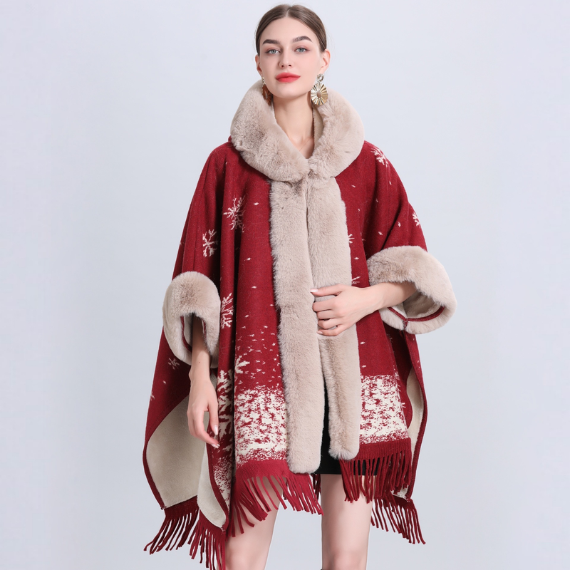 loose plaid plus velvet thick fur collar knitted shawl cape women's woolen shawl coat_autovado.com