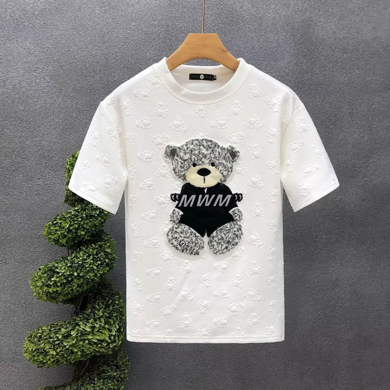 Men's clothing Bear embroidered short-sleeved T-shirt for young men handsome round neck T-shirt summer new men's cartoon_autovado.com