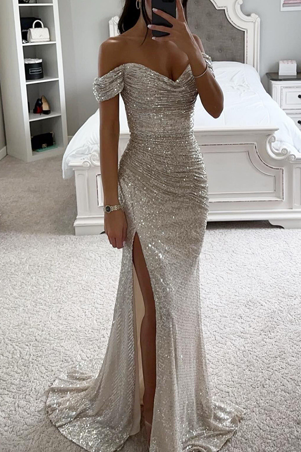 Women's Party Sequin Neckline Slit Dress INS Casual Fashion Dress_autovado.com