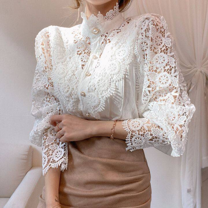 Women's French Loose And Chic Button Heavy Lace Hollow Flower Splicing Long Sleeve Stand Collar Shirt_autovado.com