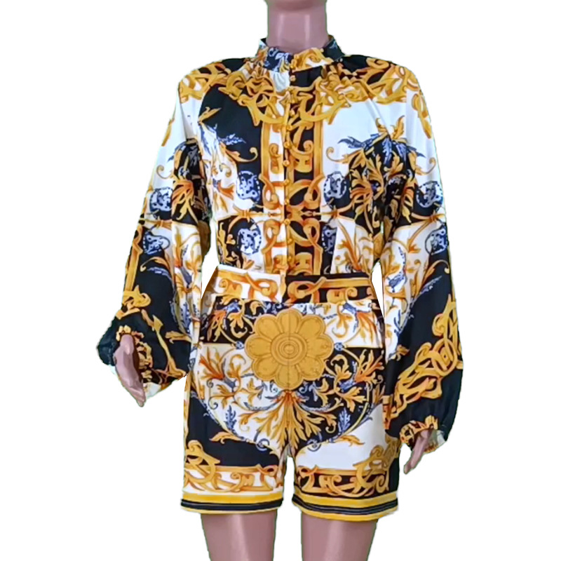 Women's printed long-sleeved blouse and shorts set two-piece_autovado.com