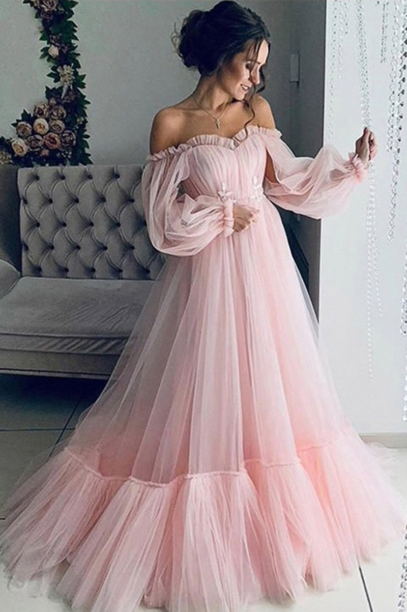 Women's 2023 off-the-shoulder mesh long sleeve wedding dress large hem dress Bridal Wear_autovado.com