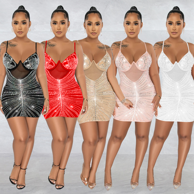 Women's hot diamond mesh suspender sleeveless short skirt dress_autovado.com