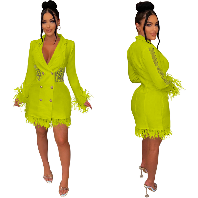 Women's fashion women's V-neck long-sleeved double-breasted tassel openwork dress_autovado.com