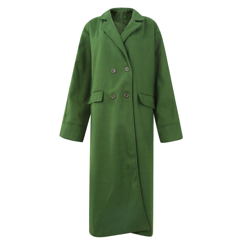 Women's solid color temperament commuting loose woolen green coat without lapels_autovado.com