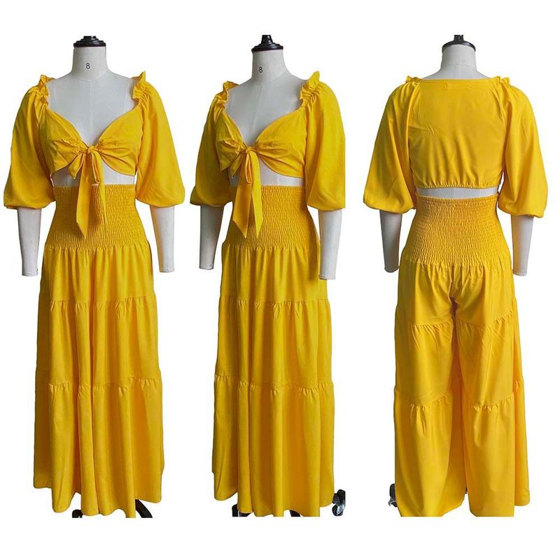 Women's Clothing women's summer fashion casual street suit pleated sexy solid color foreign trade two piece suit_autovado.com
