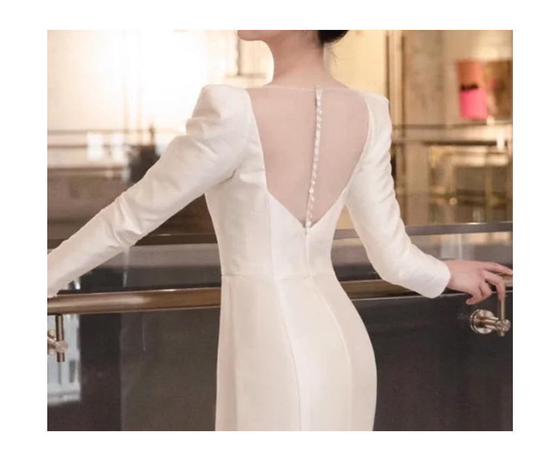 White long-sleeved wedding dress satin minimalist bride wedding reception dress host banquet annual meeting evening dress_autovado.com