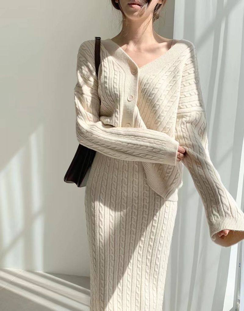 Women's Clothing elegant V-neck linen pattern knitted cardigan sweater + high waist sheath skirt_autovado.com