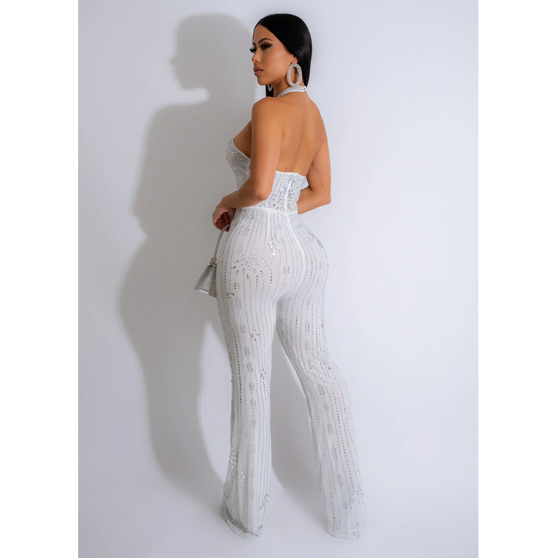 Women's solid color hot diamond sleeveless halterneck trousers jumpsuit_autovado.com