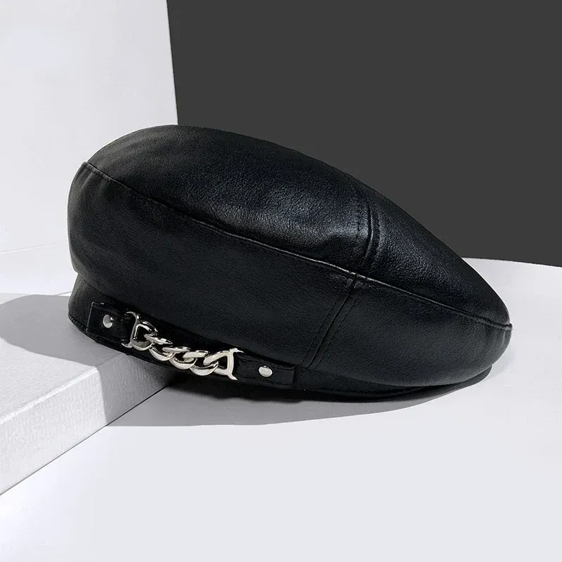 Hot Sale Vintage Women Solid Cap Pu Leather Chain Beret French Artist Warm Beanie Female Ladies All-Match Adjustable Hat_autovado.com