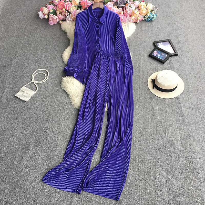 Women's Fashion Clean Color Shirt Two-piece Set Of High Waist Vertical Vertical Wide Leg Pants_autovado.com