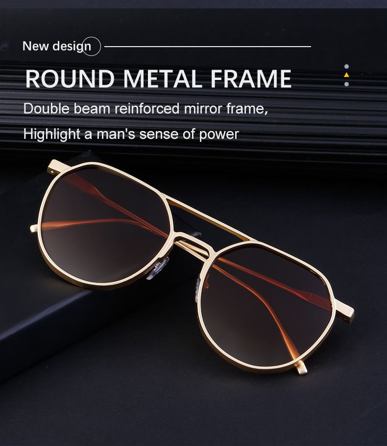 Unisex Vintage round frame sunglasses for men metal double beam driving sunglasses for men_autovado.com