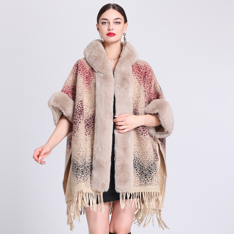loose plaid plus velvet thick fur collar knitted shawl cape women's woolen shawl coat_autovado.com