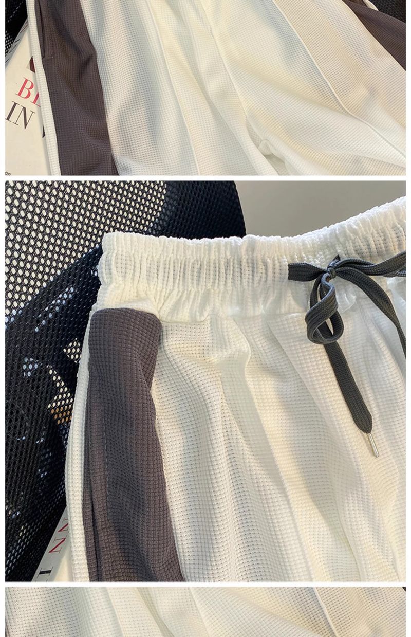 Men's Clothing Waffle sports suit summer men's clothing color matching lapel short sleeved T shirt set with handsome casual shorts_autovado.com