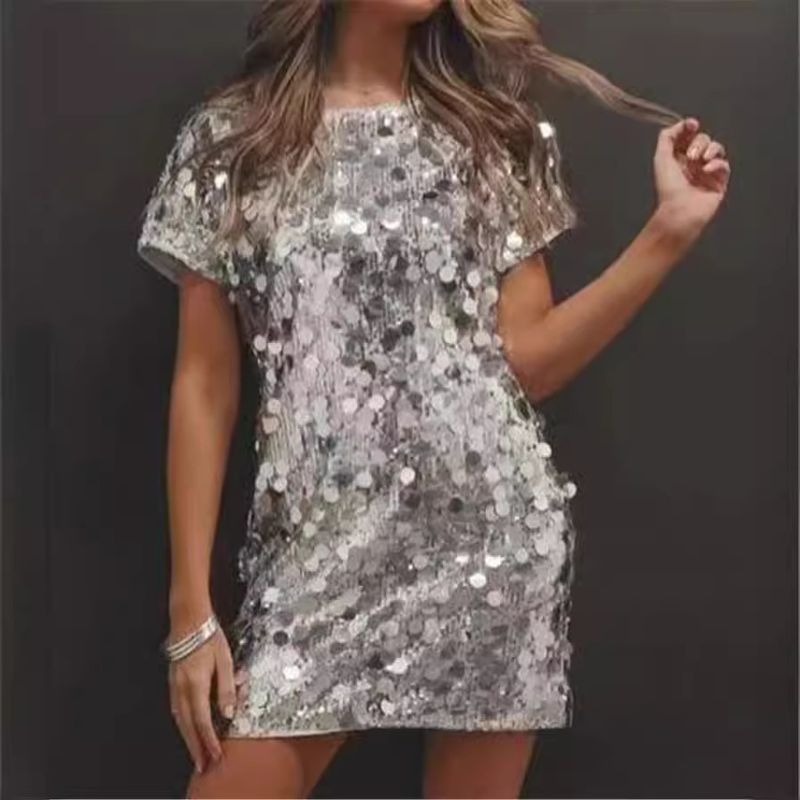 Women's Clothing sequin dress round neck fashion party high street hot girl short skirt_autovado.com