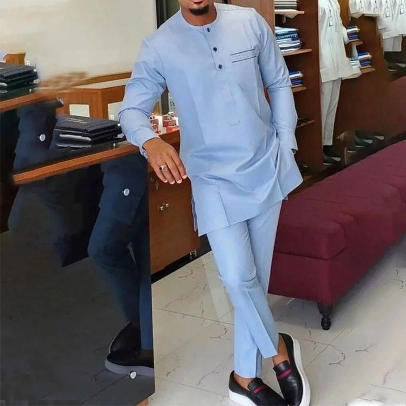 New Men's Tenos Wedding 2-Piece Suit Waist Pants Shirt Solid Color Panel Long Sleeve Party African Ethnic Style Clothing_autovado.com