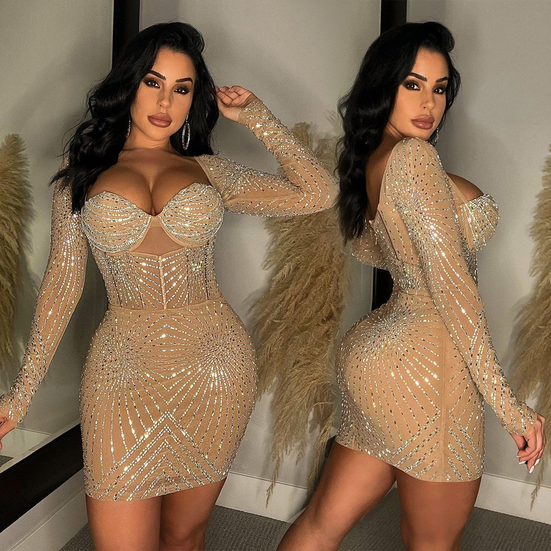 Women's solid color mesh rhinestone long-sleeved short skirt dress_autovado.com