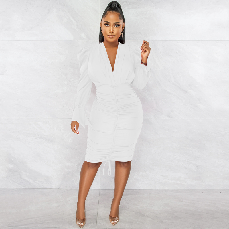 Women's Clothing fashion casual solid color long-sleeved pleated V-neck dress for women_autovado.com