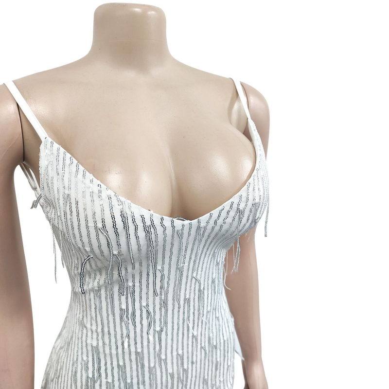 Women's solid color sequined sleeveless V-neck backless dress for women_autovado.com