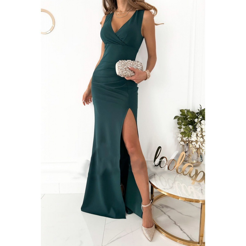 Women's Clothing summer new V-neck sleeveless slit solid color long dress_autovado.com