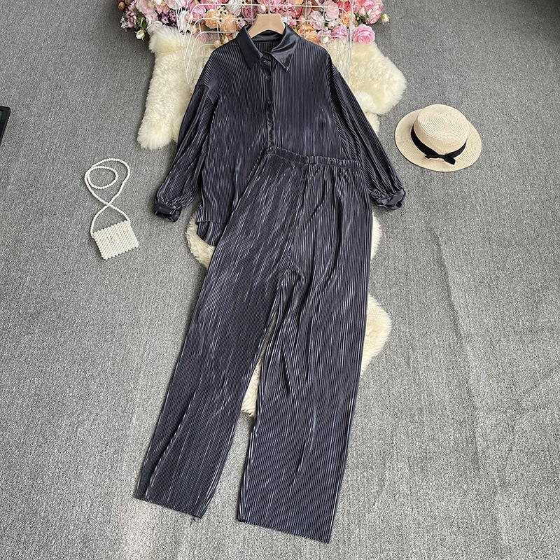 Women's Fashion Clean Color Shirt Two-piece Set Of High Waist Vertical Vertical Wide Leg Pants_autovado.com