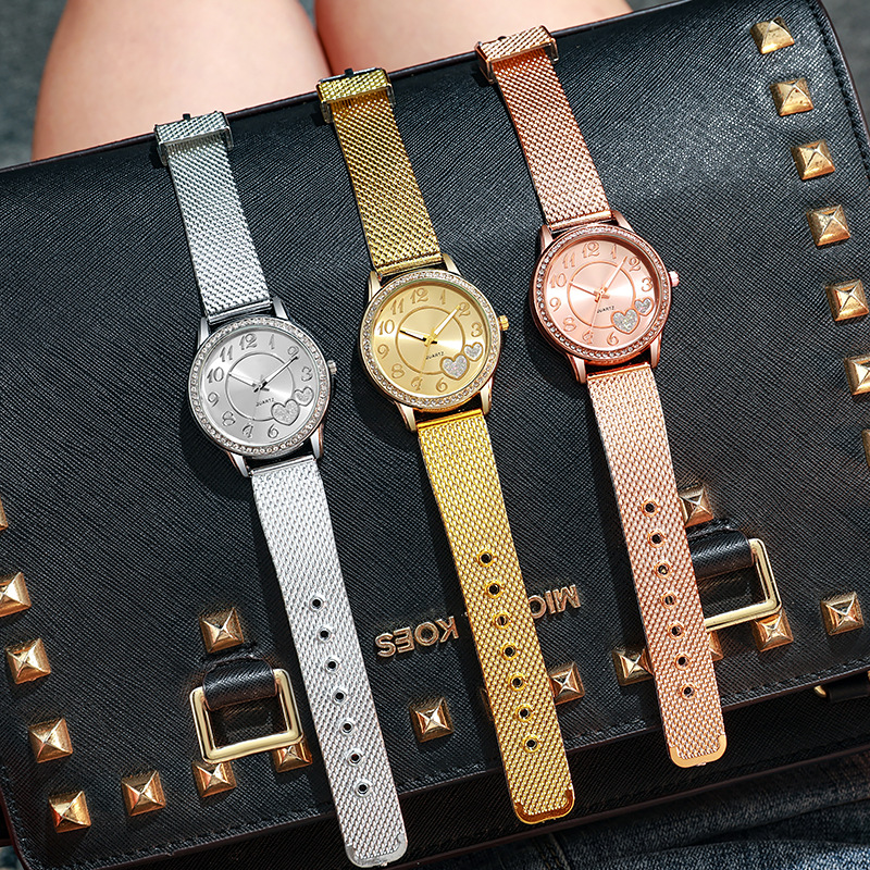peach heart mesh quartz watch student rose gold Love Diamond women's watch_autovado.com
