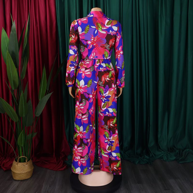Women's Fashion Print Two-piece Suit Lapel Tie Shirt Wide Leg Pants Suit_autovado.com