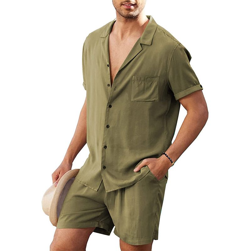 Men's Clothing Linen Short Sleeve Shirt Set Linen Summer Loose Casual Cotton Linen Cardigan Shirt Shorts_autovado.com