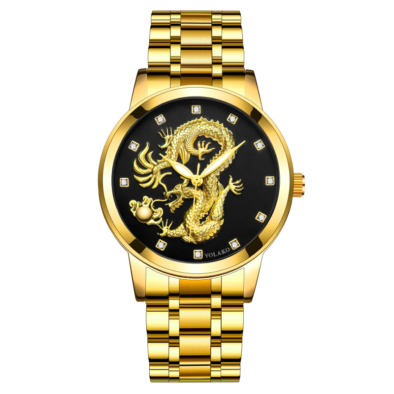 Men's Quartz Watch Men's Watch Diamond Yellow Gold Luminous Waterproof Steel Belt Relief Dragon Totem Watch_autovado.com