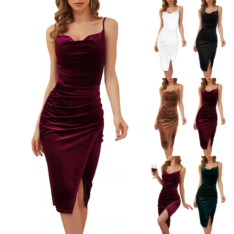 Women's temperament slit pleated velvet halter dress evening dress woman_autovado.com