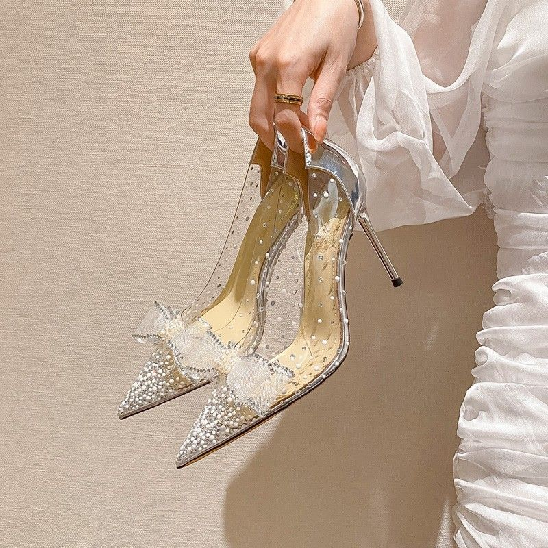 p7 with transparent bow 2023 summer women's shoes live broadcast on behalf of European and American slope heels stiletto_autovado.com