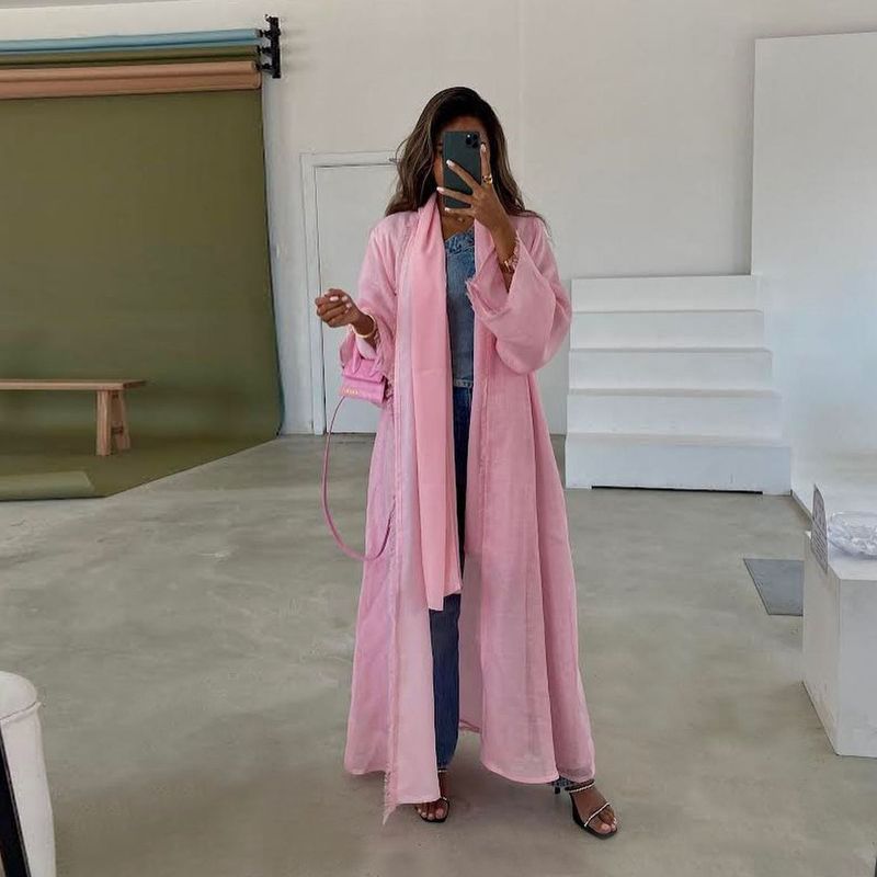 Women's Clothing Middle Eastern solid color modest long skirt modern fashion cotton and linen cardigan outer cloak Muslim abaya_autovado.com