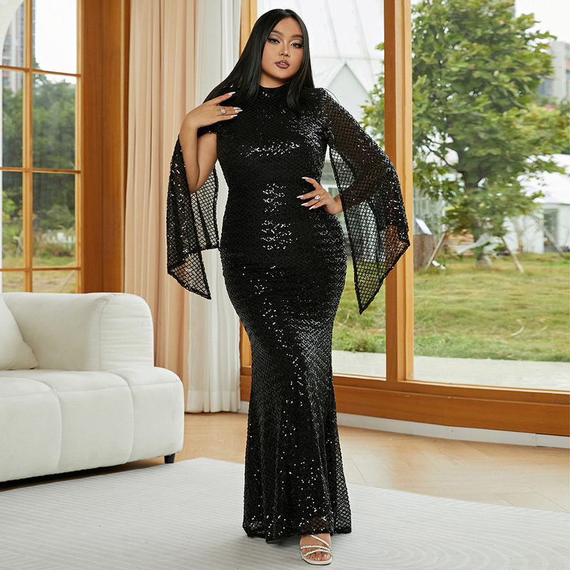 Women's Clothing Large Size Long Wedding Party Banquet Light Luxury Sequined Evening Dress_autovado.com