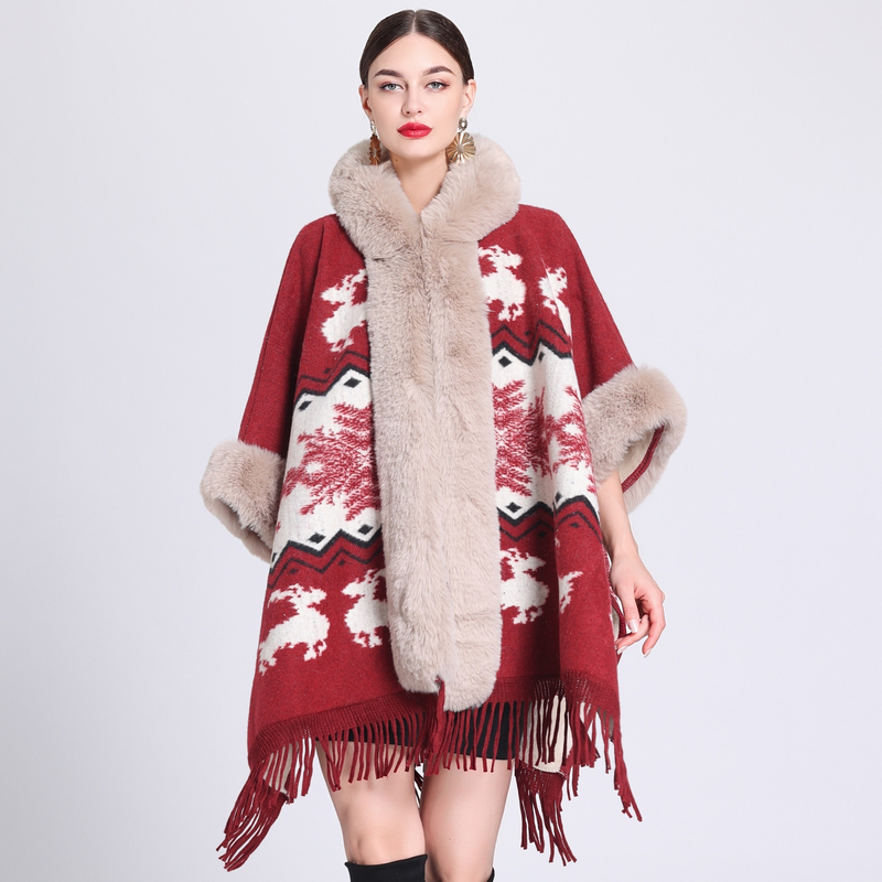 loose plaid plus velvet thick fur collar knitted shawl cape women's woolen shawl coat_autovado.com