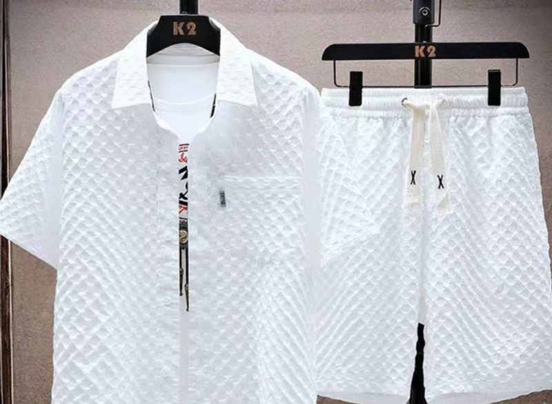 MERCURY Men's Clothing Summer ice silk men's trendy short-sleeved shirt and shorts set waffle thin sports casual two-piece suit_autovado.com