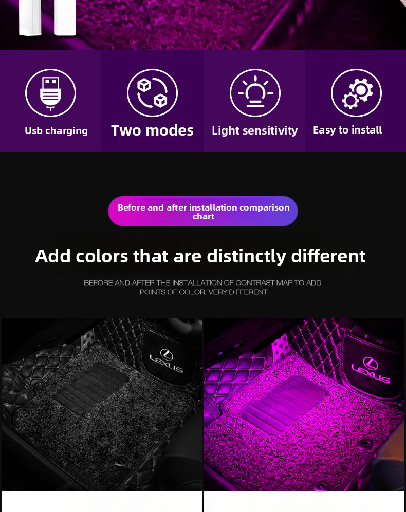 LED Ambient Car Interior Modification Decoration Wireless No Wiring Automatic Intelligent Sensor Footwell Light_autovado.com