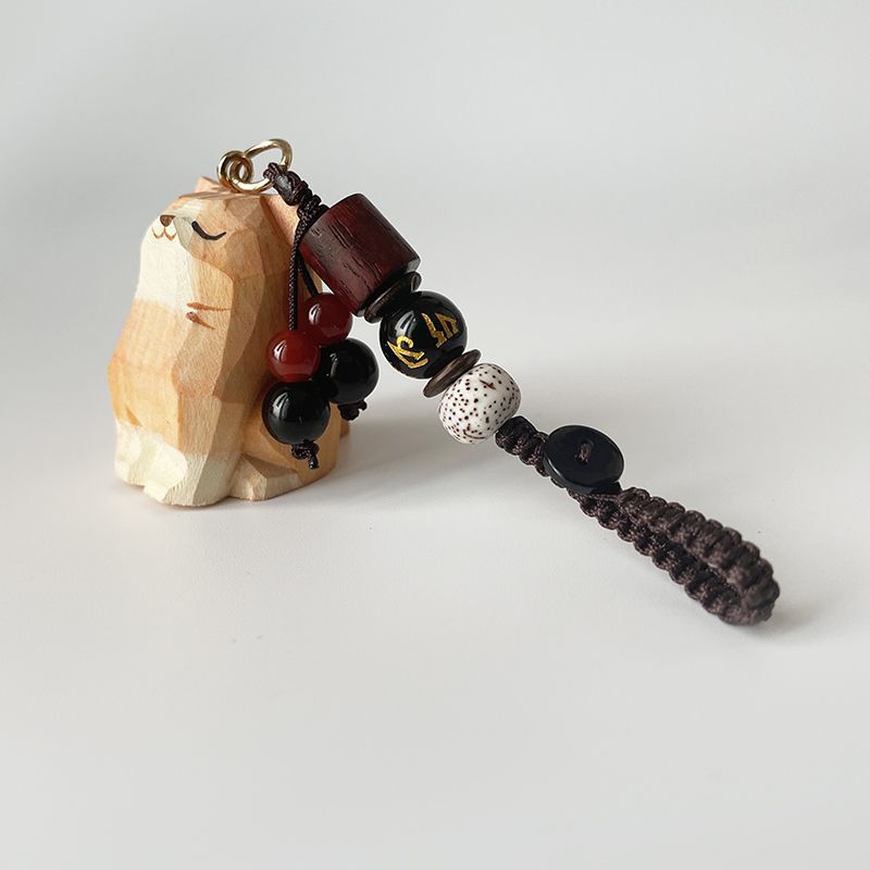 Hand Carved Wood Carved Orange Cat Shiba Inu Mi Ping An Six Character Mantra Woven Keychain Chain Ring Car Schoolbag Pendant Ornament_autovado.com