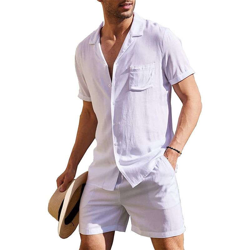 Men's Clothing Linen Short Sleeve Shirt Set Linen Summer Loose Casual Cotton Linen Cardigan Shirt Shorts_autovado.com