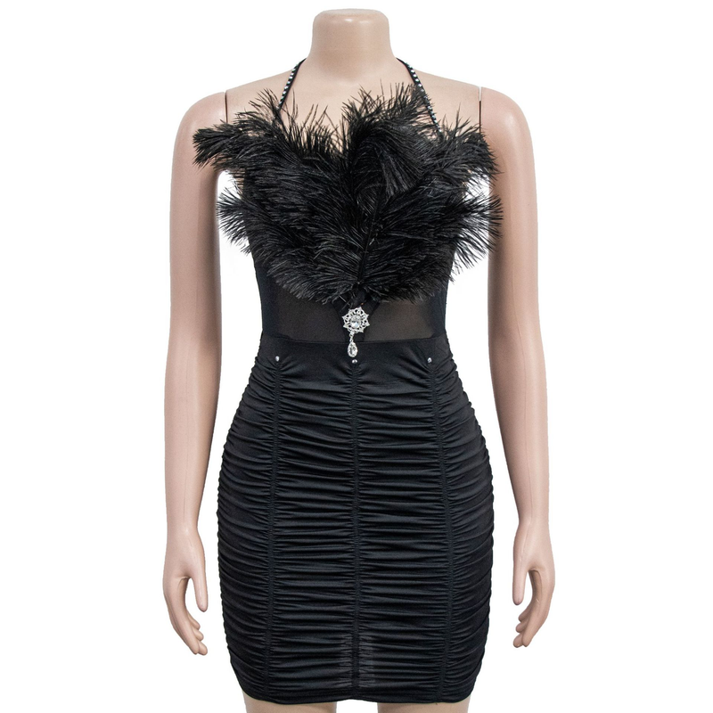 Women's solid color feather tube top sleeveless short skirt dress_autovado.com
