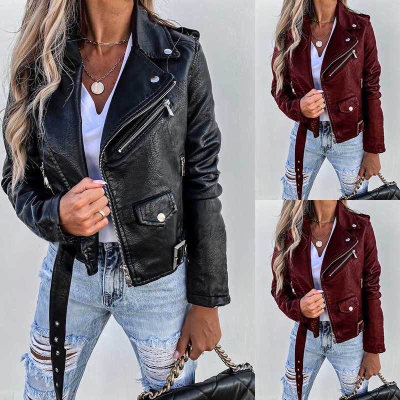 Women's jacket top PU leather jacket motorcycle short zipper_autovado.com