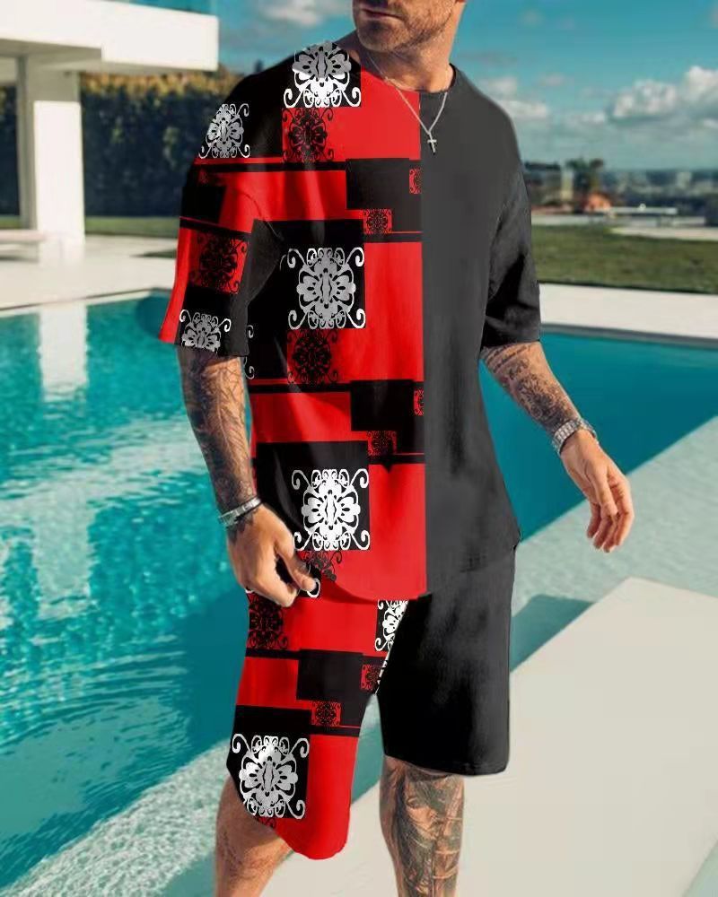 Men's Clothing 3D digital printing men's short sleeve beach pants suit trendy T-shirt shorts set_autovado.com
