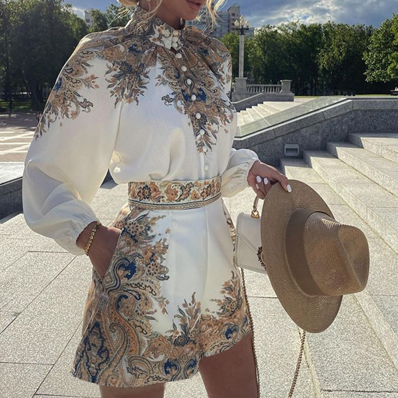 Women's printed long-sleeved blouse and shorts set two-piece_autovado.com
