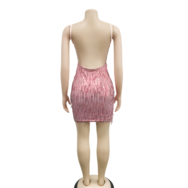 Women's solid color sequined sleeveless V-neck backless dress for women_autovado.com