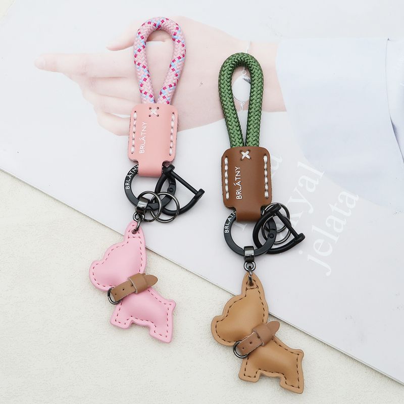 Handmade Genuine Leather Puppy Keychain Anti Lost Lanyard Pendant French Fighting Dog Car Keychain Braided Rope Keychain_autovado.com