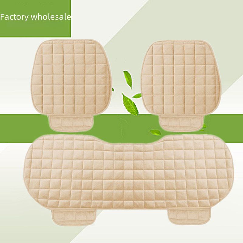Winter car seat cushion no backrest square embroidered plush tie-free warm three-piece front and rear row single seat cushion_autovado.com