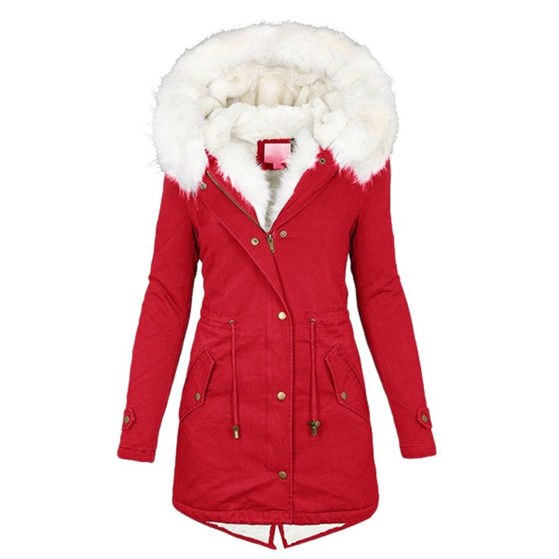 Women's Clothing Women's Autumn And Winter Mid Length Windbreaker White Fur Collar Hooded Warm Plus Velvet Women's Coat_autovado.com