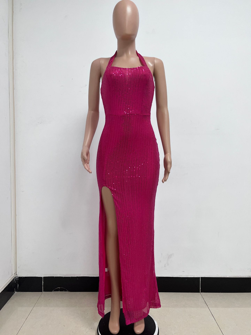 Women's slit sleeveless hot girl dress female halter neck backless sequin dress skirt_autovado.com
