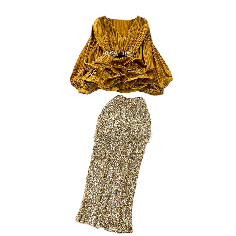 Women's fashion set female socialite temperament lantern long sleeve V-neck lotus leaf bright face shirt women's high waist sequin skirt_autovado.com
