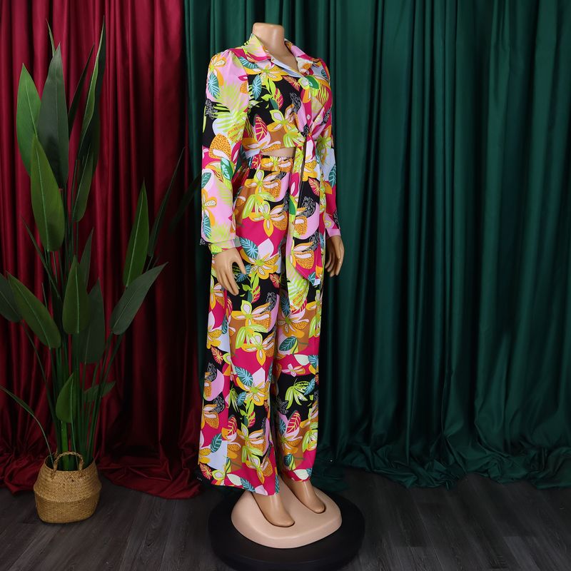 Women's Fashion Print Two-piece Suit Lapel Tie Shirt Wide Leg Pants Suit_autovado.com