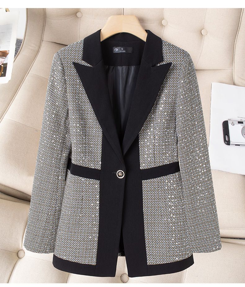 Women's Clothing high-end slim slimming heavy work sequins professional Plaid color matching suit_autovado.com